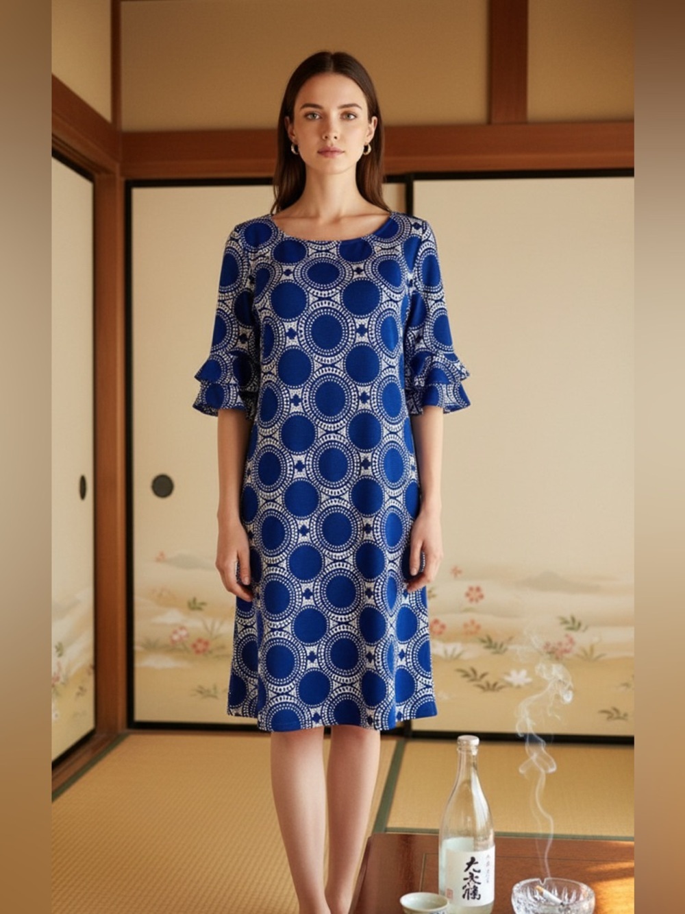 Ronni Nicole Timeless Blue & Circular Geometric Print Midi Dress